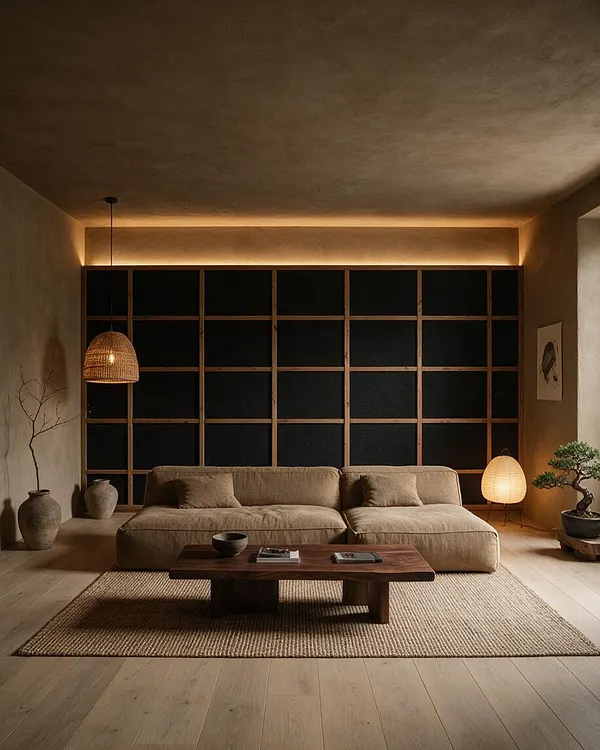 A serene media room in Japandi style featuring a low, beige sectional sofa centered against a dark grid-panel wall with warm backlighting. The space includes a woven pendant lamp, paper floor lamp, wooden coffee table, jute rug, and minimalist ceramic and bonsai accents.