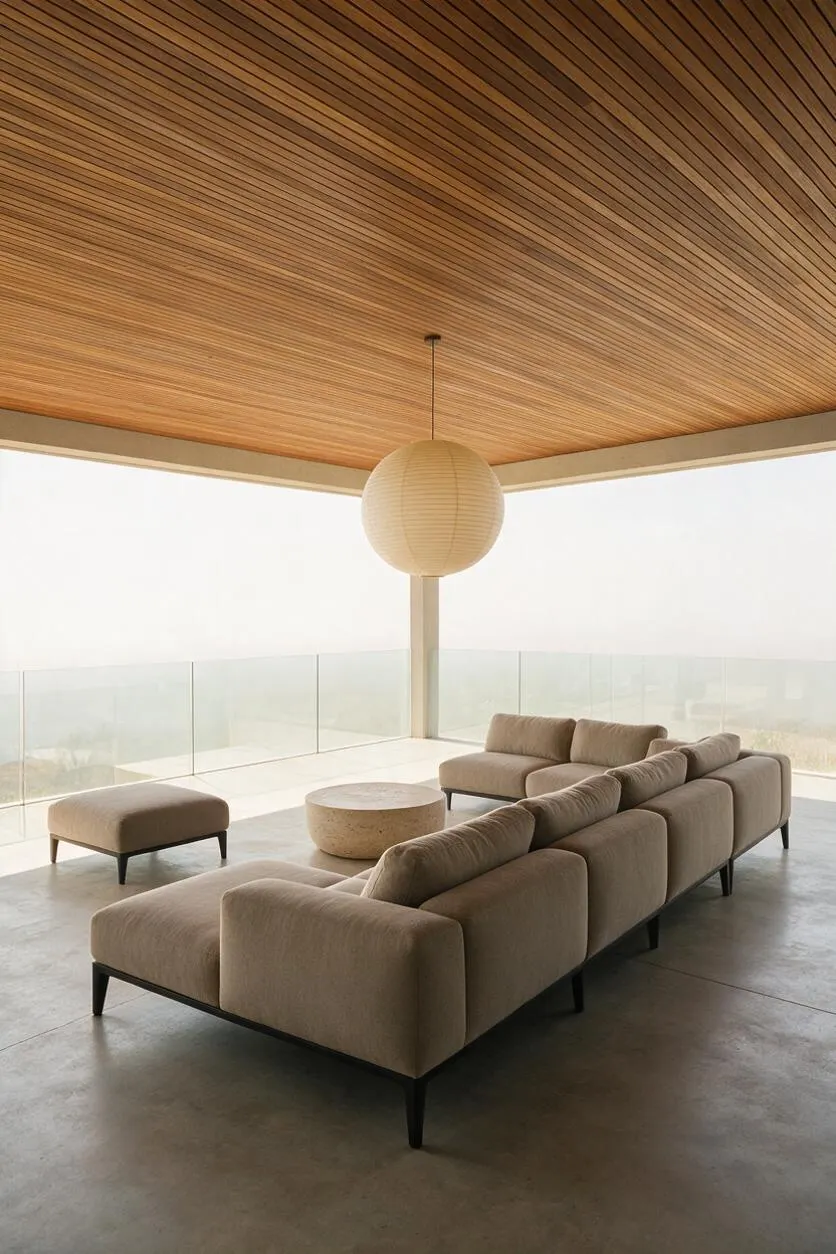 A modern front porch with a slatted warm wood ceiling, a large round paper lantern pendant, and low-profile beige sectional seating arranged around a small round stone coffee table. Clear glass railings open the space to a bright outdoor view, while a concrete floor and black metal legs keep the look clean and minimal.