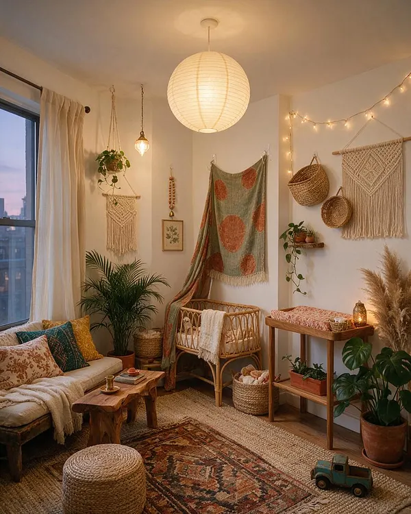 A cozy bohemian nursery with a rattan crib, macramé wall hangings, woven baskets, and string lights creating a soft glow. Natural textures, potted plants, and earthy textiles fill the room, with a sofa, wooden tables, and layered rugs adding warmth and comfort.