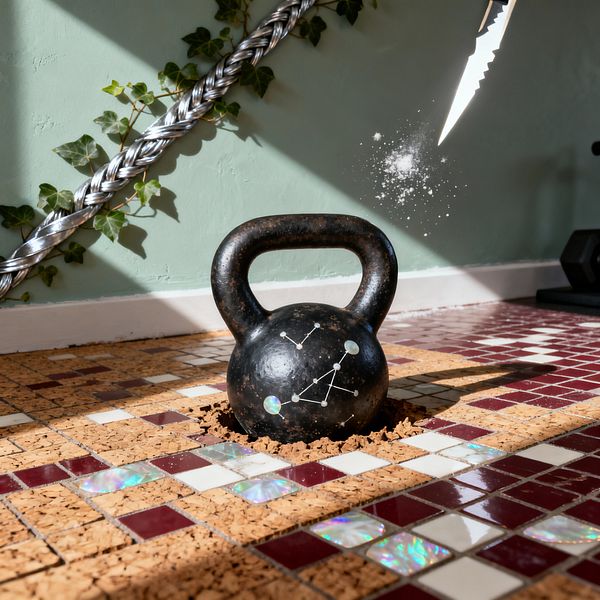 A close-up of a home gym corner bathed in sunlight shows a black cast-iron kettlebell painted with small constellation lines lodged in a crater of cork tiles amid burgundy, cream, and iridescent mosaic squares. A thick braided steel rope drapes diagonally across a mint-green plaster wall with ivy leaves; a puff of white chalk lingers near a knife-like metallic form, and a black dumbbell sits blurred in the background.