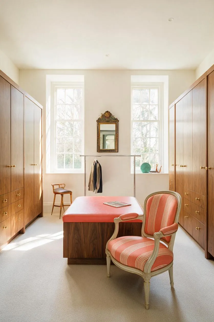A bright eclectic closet with tall wood wardrobes lining both sides, a coral upholstered bench in the center, and a striped vintage armchair in the foreground. Two tall windows bring in natural light, and a decorative antique mirror hangs above a slim garment rack at the back wall.