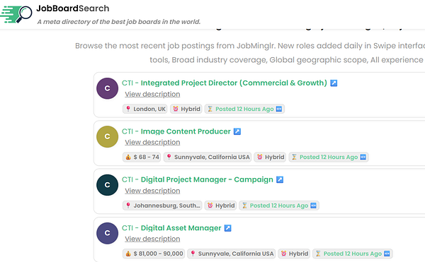 Screenshot of a webpage feature on a job board site highlighting various job categories and platform navigation.