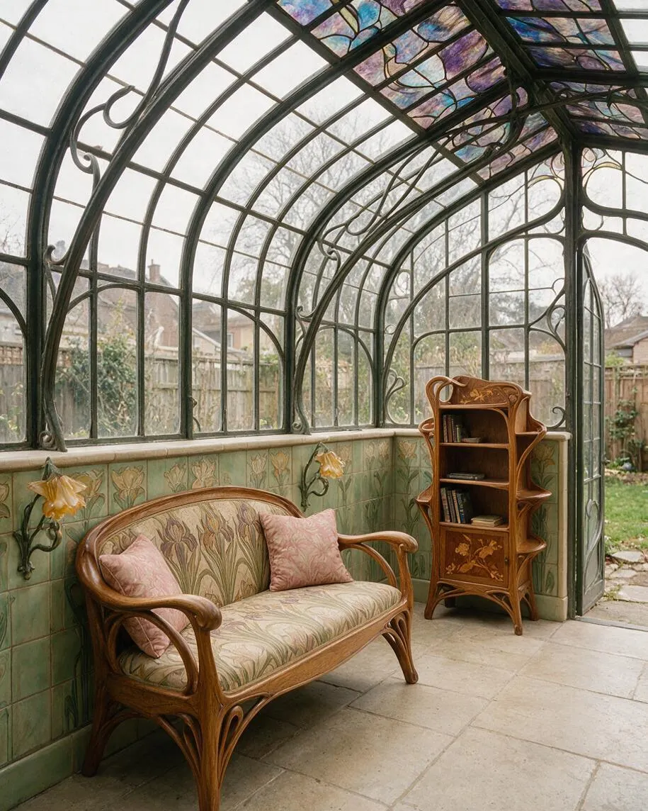 A backyard conservatory in Art Nouveau style with a curved glass and iron structure, decorative stained-glass roof panels, and ornate wood furniture. A carved wooden settee with patterned upholstery and pink cushions sits beside a matching open shelving unit, while green floral tiles and stone flooring create a romantic garden room atmosphere.
