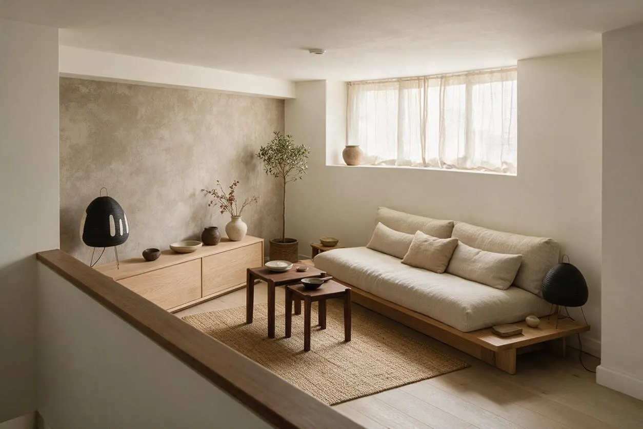 A minimalist basement living area with a low wooden platform sofa dressed in cream cushions, two small nesting tables, and a woven rug. Soft sheer curtains filter daylight from a horizontal window, while a textured accent wall, pale wood storage, and black sculptural lamps create a calm Japandi atmosphere.