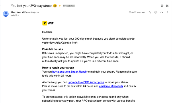 Screenshot of a user's WIP streak with a missed day indicated in red and surrounding days in green.