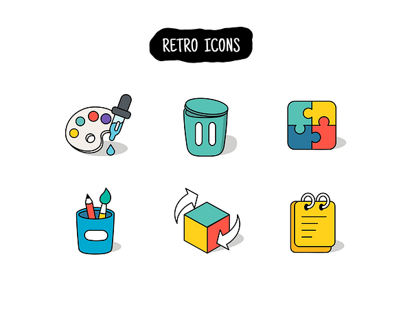 A collection of six colorful retro-style icons related to creative tasks.