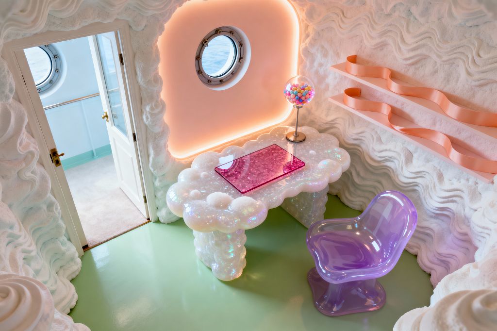 A small home office with sculpted white walls that resemble whipped frosting features a circular porthole window surrounded by a soft apricot backlight. At the center is an iridescent, cloud-shaped resin desk with a glass gumball lamp and a pink acrylic mat, paired with a translucent lavender chair on a mint glossy floor; two peach ribbon shelves line the right wall, and an open white door with brass hardware leads to a corridor.
