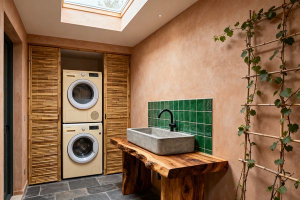 A compact laundry room with terracotta clay-plaster walls is lit by a large skylight. On the left, bamboo-slatted sliding doors reveal stacked cream washer and dryer units. On the right, a live-edge wooden counter holds a rectangular concrete trough sink beneath a matte black wall-mounted faucet and a small backsplash of glossy green square tiles. The floor is dark slate, and a bamboo trellis supports a leafy climbing vine along the wall.