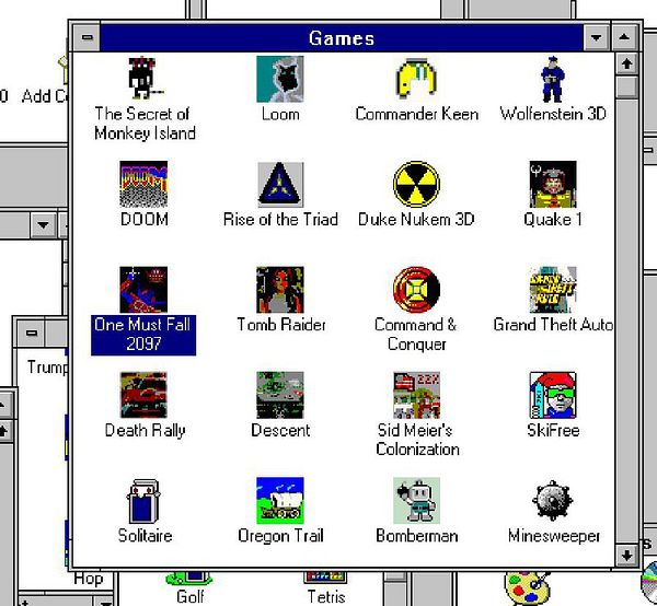 A retro computer interface displaying a games menu with various classic titles.