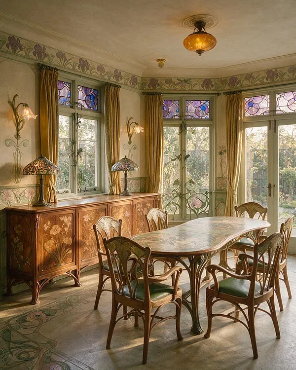 A sunroom dining space in Art Nouveau style with tall windows, stained glass transoms, gold drapery, and floral wall and border murals. A carved wooden sideboard, decorative table lamps, and an oval wooden dining table with curved-back chairs create an elegant, light-filled atmosphere.