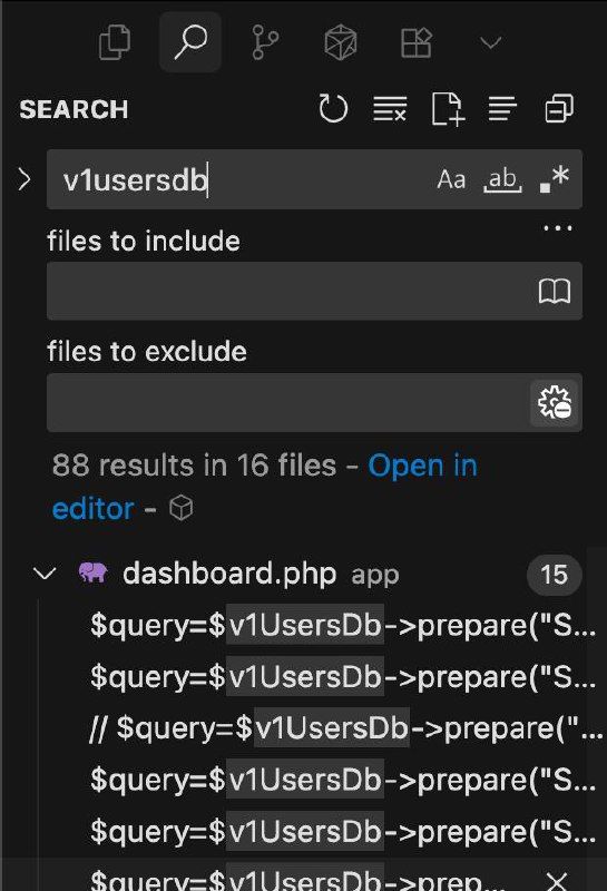 The image displays a code editor interface showing search results for 'v1usersdb'.