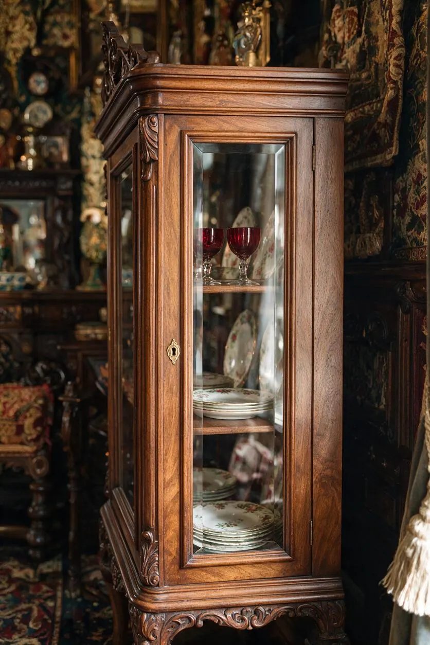 A narrow Victorian-style wooden display cabinet with a glass front stands in a richly decorated room. Inside, floral china plates and red wine glasses are neatly arranged on wooden shelves, while ornate carved trim and dark patterned textiles frame the scene.