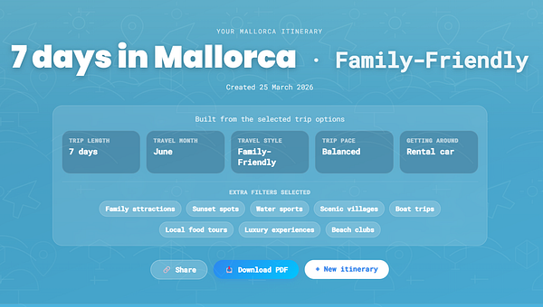 Screenshot of a hero section of a web page showing user-selected options and a PDF generator with a download button.