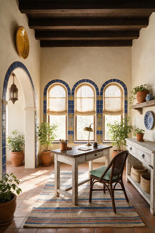 A warm Mediterranean-style home office with terracotta floor tiles, dark exposed ceiling beams, and three arched windows framed in blue patterned tile. A rustic wooden desk sits on a striped woven rug, paired with a woven chair, potted plants, and a white distressed cabinet with pottery and baskets.