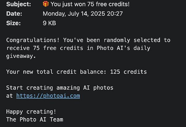 An email notification congratulating a user on winning credits for a photo AI service.