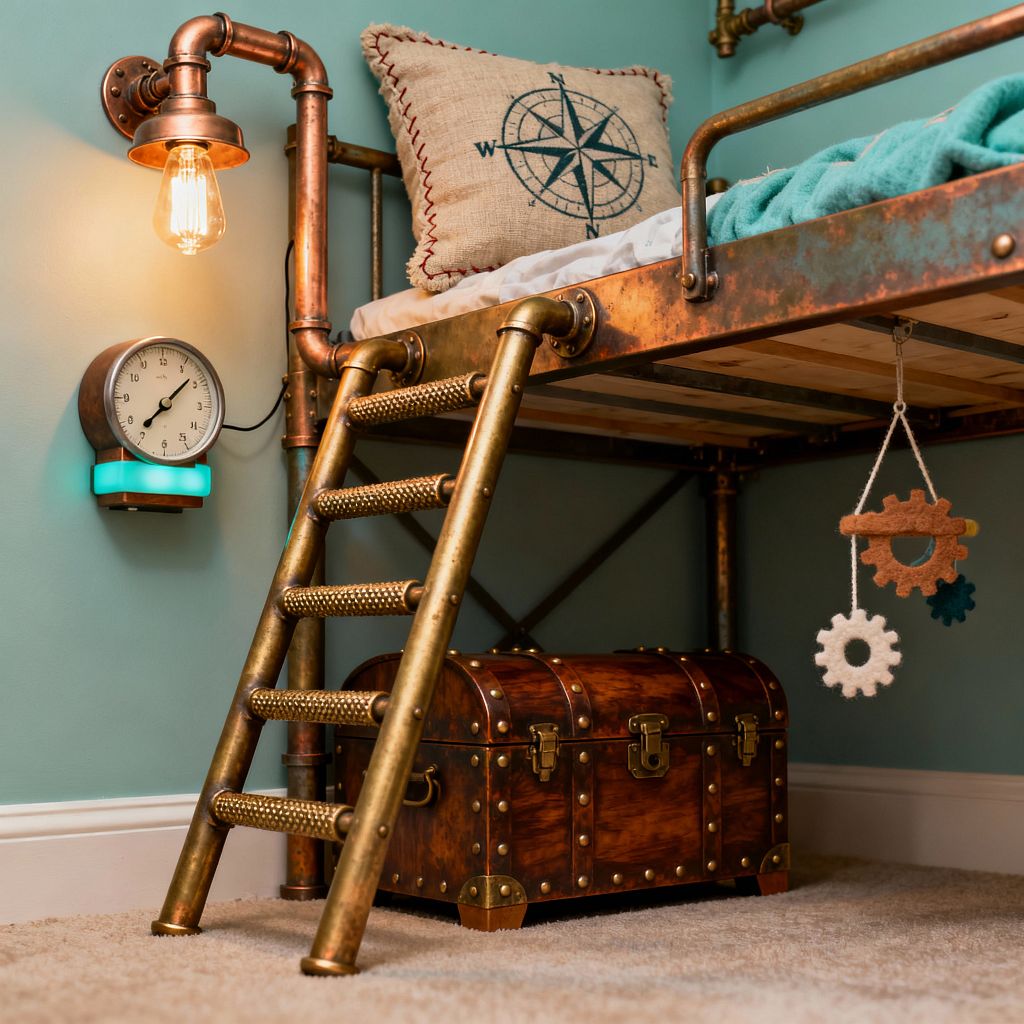 A steampunk-themed kids’ room shows the lower half of a loft bed built from aged copper pipes with riveted rails and a brass, knurled ladder. A pipe sconce with an exposed Edison bulb and a gauge-style wall clock sit beside the bed; beneath it, a riveted wooden treasure chest rests on beige carpet, a felt gear mobile hangs nearby, and a burlap pillow with a compass motif lies against seafoam walls.