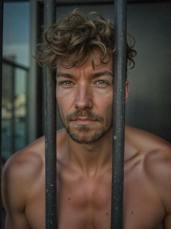 A close-up portrait of a man with curly hair, looking through metal bars.