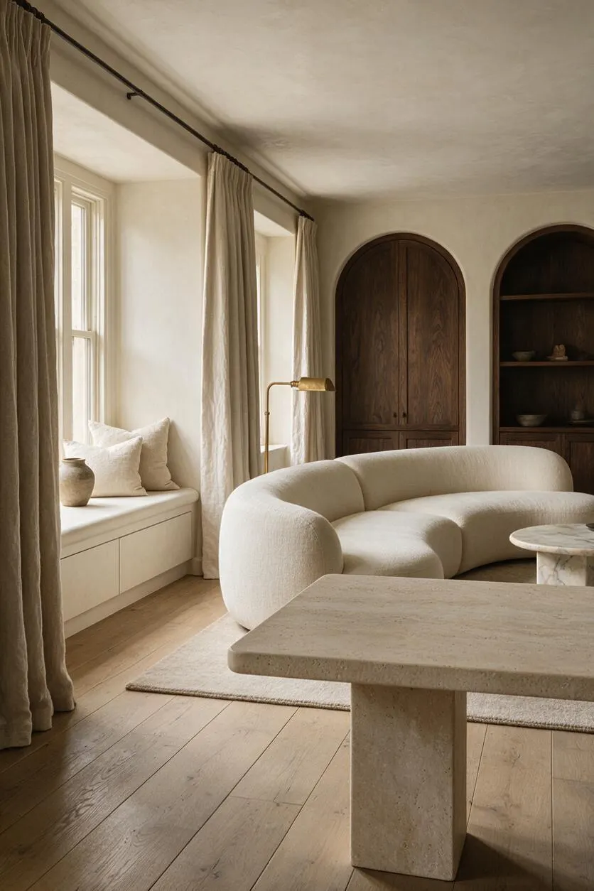 A sunroom with soft neutral walls, tall windows, and floor-length beige curtains. The space includes a rounded cream sofa, arched dark wood built-ins, a light stone coffee table, a textured area rug, and warm wood flooring with a brass reading lamp.