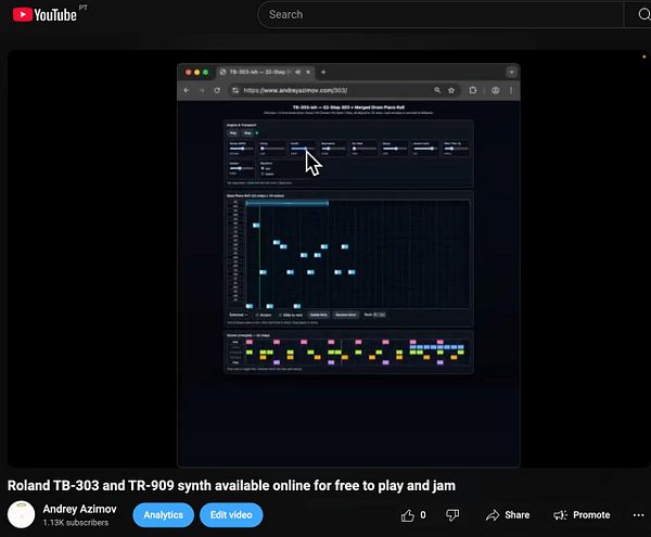 The image displays a YouTube video interface featuring a demo of the Roland TB-303 and TR-909 synthesizers.
