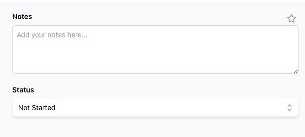 The image displays a task management interface with a notes section and a status dropdown.