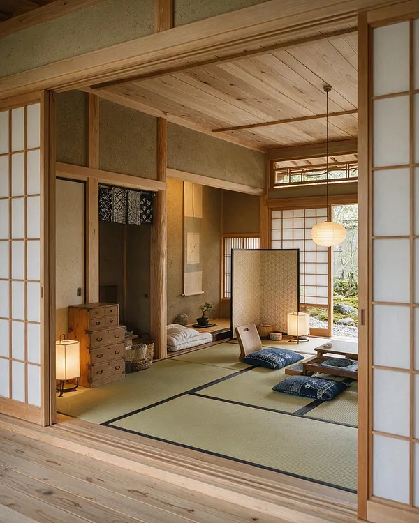 A calm nursery styled in Japanese Zen design, with tatami mats, shoji screens, warm wood framing, and low floor seating. Soft paper lantern lighting, folded bedding, and natural garden views create a peaceful, minimalist atmosphere.