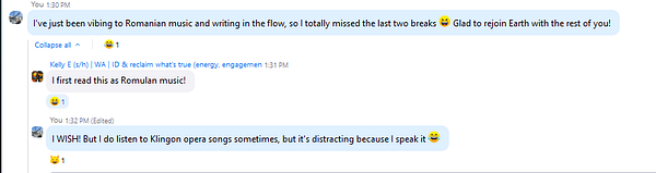 A lighthearted conversation in a virtual coworking space chat about music preferences.