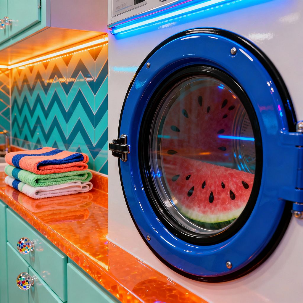 A vivid pop-art laundry room shows mint cabinets with multicolor jewel-like knobs, a translucent orange countertop glowing from LED strips, and a glossy teal chevron tile backsplash. A front-loading washer with an electric blue door sits beside stacked neon towels, while orange and blue lights reflect on shiny surfaces; a playful watermelon graphic appears inside the drum, enhancing the bright, high-contrast, and whimsical feel of the space.