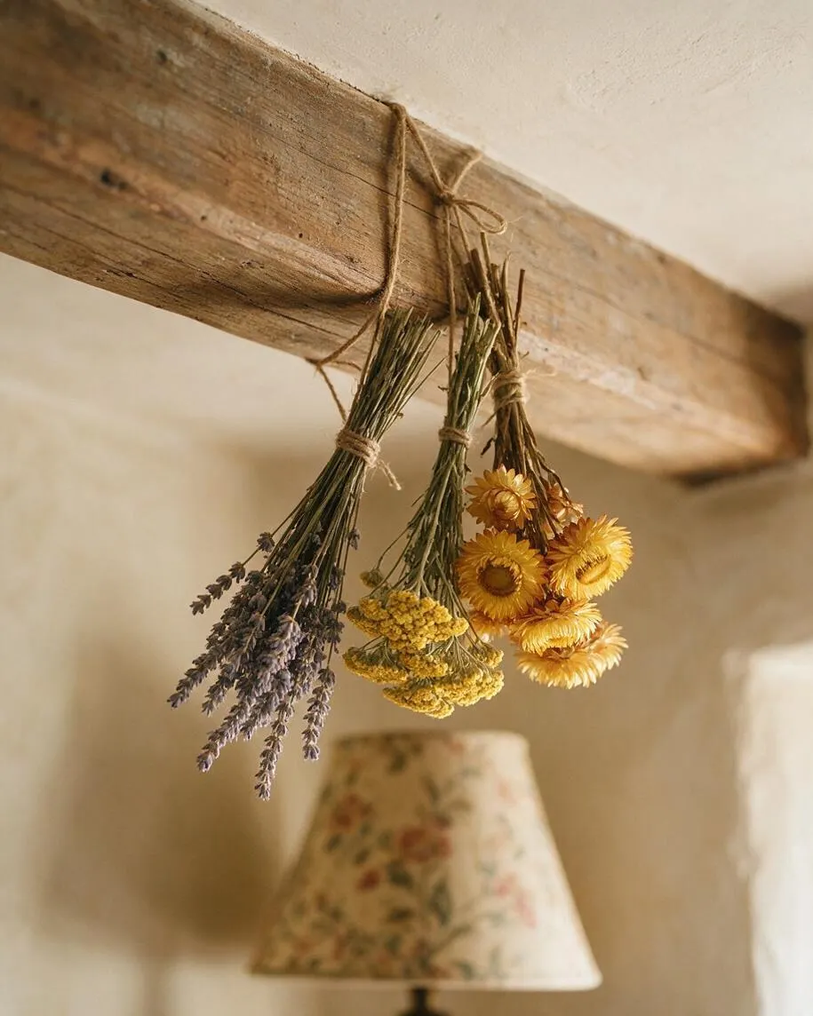 A close-up of three small dried flower bundles tied with twine and hanging from a weathered wooden beam against a soft cream wall. In the background, a floral lampshade adds a gentle cottage-inspired touch.