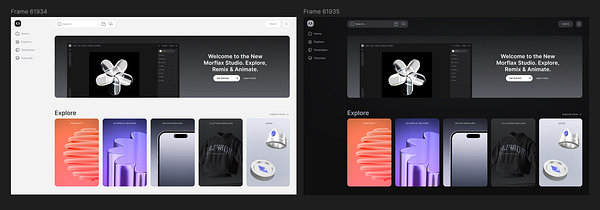 The image displays a side-by-side comparison of the Morflax Studio homepage in light mode and dark mode.