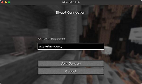 The image displays a Minecraft Direct Connection interface for joining a server.