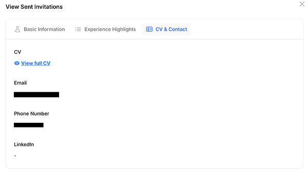 The image displays a user interface for viewing sent invitations related to a talent profile.