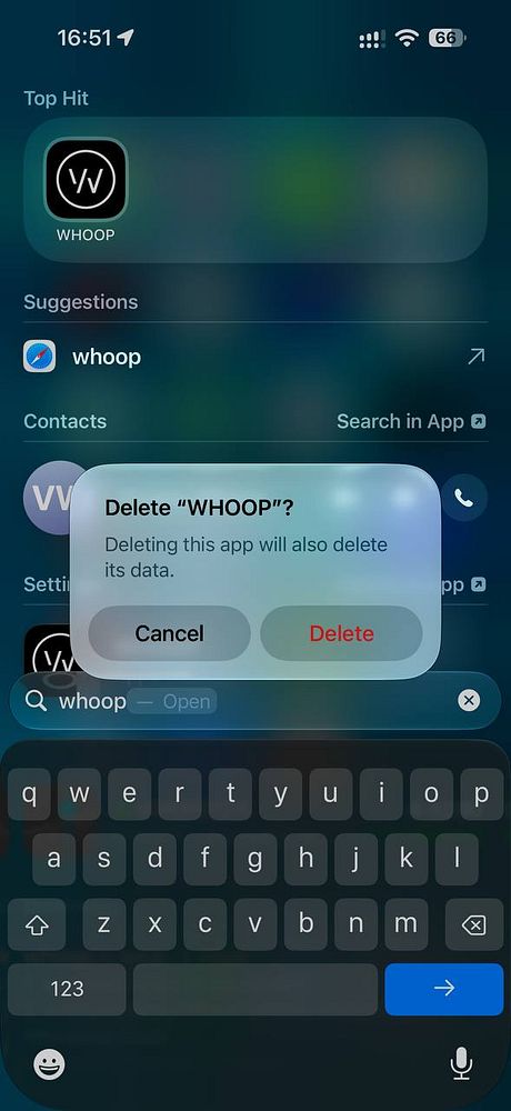 A smartphone screen with a prompt to delete the WHOOP app, showing the app icon, search results, and keyboard.