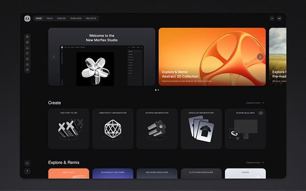 The image displays a user interface for the Morflax Studio, showcasing various design tools and features.