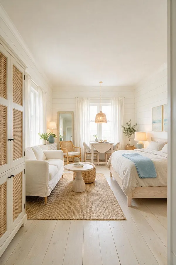 A bright coastal-style studio apartment with white walls, light wood floors, and soft natural textures. The space includes a white sofa, a low bed with a pale blue throw, woven rattan furniture, a jute rug, sheer curtains, and warm lamps that create a calm, sunlit atmosphere.