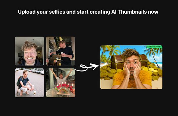 The image promotes an AI Thumbnail Tool by showcasing selfies and a generated thumbnail.