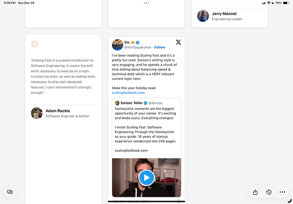 The image features a social media post discussing the book 'Scaling Fast' and includes a video preview.