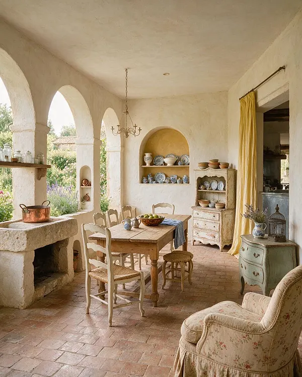 A covered backyard porch styled in French Country decor features white stucco walls, arched openings, and terracotta tile flooring. A rustic wooden table with painted chairs sits beside built-in niches, open shelves of ceramics, a small chandelier, and soft yellow curtains framing an outdoor view.