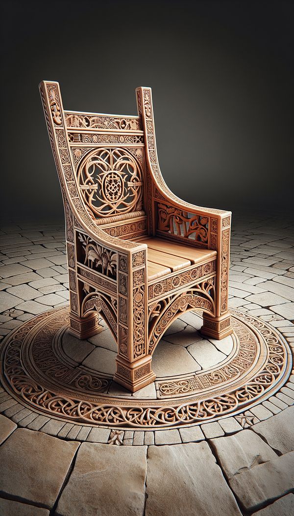A wooden Glastonbury Chair, fully unfolded, sitting on a stone floor with intricate medieval carvings visible on its frame.