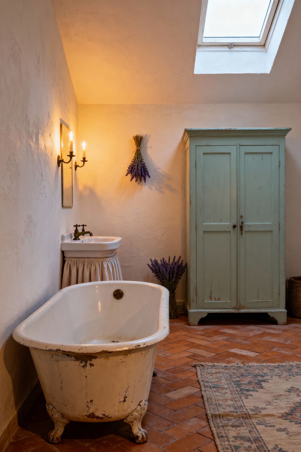 An intimate shabby chic bathroom shows a worn white clawfoot tub on terracotta herringbone brick beside a distressed mint-green armoire. Textured ivory plaster walls hold a narrow mirror above a corner sink with a gathered fabric skirt and brass taps, lit by two candle sconces; a skylight adds daylight, a faded patterned rug softens the floor, and dried lavender with a wicker basket completes the rustic look.