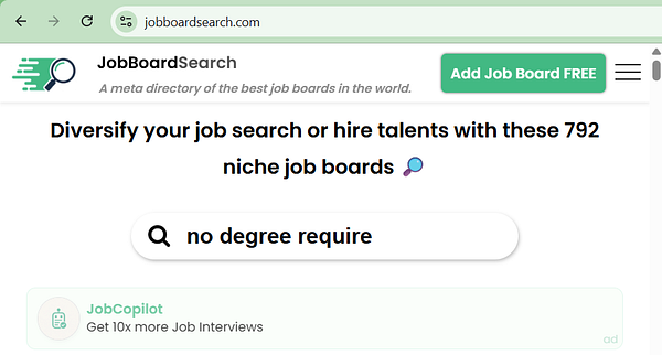 Screenshot of the Jobarea platform displaying three job board listings with categories and company logos.