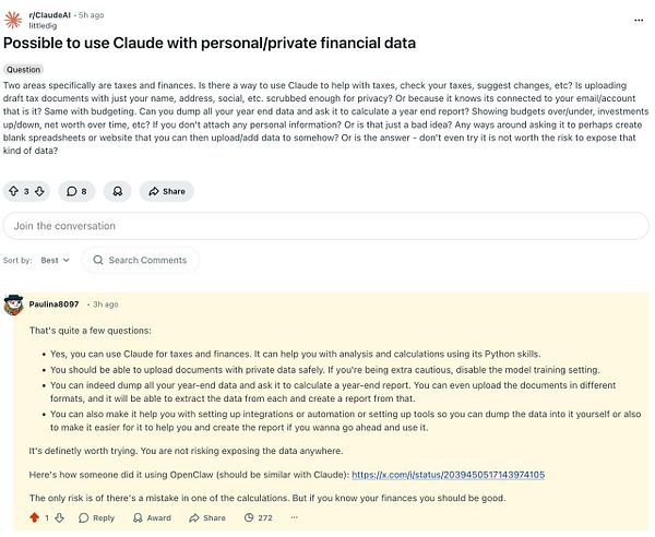 Screenshot of a Reddit Ask Me Anything (AMA) page titled "Ask Me Anything" with a question posted by the user.