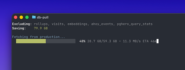 Screenshot of a terminal window showing commands to dump a PostgreSQL database with options to exclude certain tables and sanitize data.