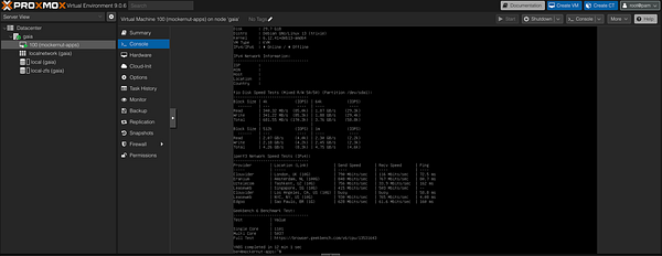 The image displays a Proxmox virtual machine console showing benchmark results for disk and network performance.