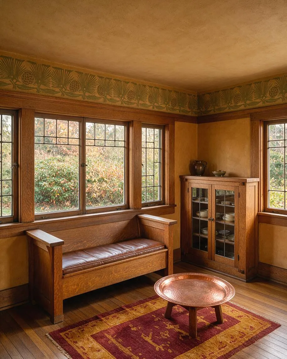 A Craftsman-style patio room with warm wood trim, leaded-glass windows, and a built-in wooden bench with a leather cushion. A small cabinet with glass doors stands in the corner, and a round copper table sits on a patterned rug over hardwood floors, creating a cozy, handcrafted atmosphere.
