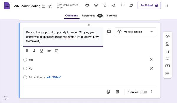 A Google Forms interface displaying a question about portal access for the Vibeverse.