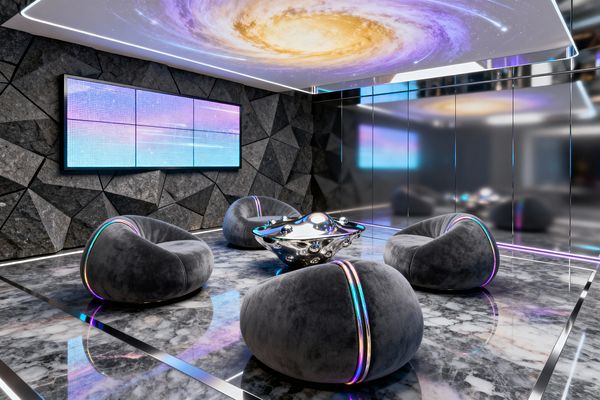 A futuristic media room features four low, pebble-shaped gray velvet chairs encircling a reflective chrome coffee table on a glossy gray-and-white marble floor. One wall is clad in faceted dark stone with a multi-panel LED screen, the opposite wall is mirrored, and the ceiling shows a luminous galaxy graphic with perimeter LED strips, creating iridescent reflections and an immersive, space-inspired atmosphere.