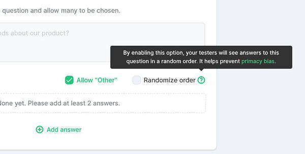 The image shows a tooltip explaining the options in a survey interface.