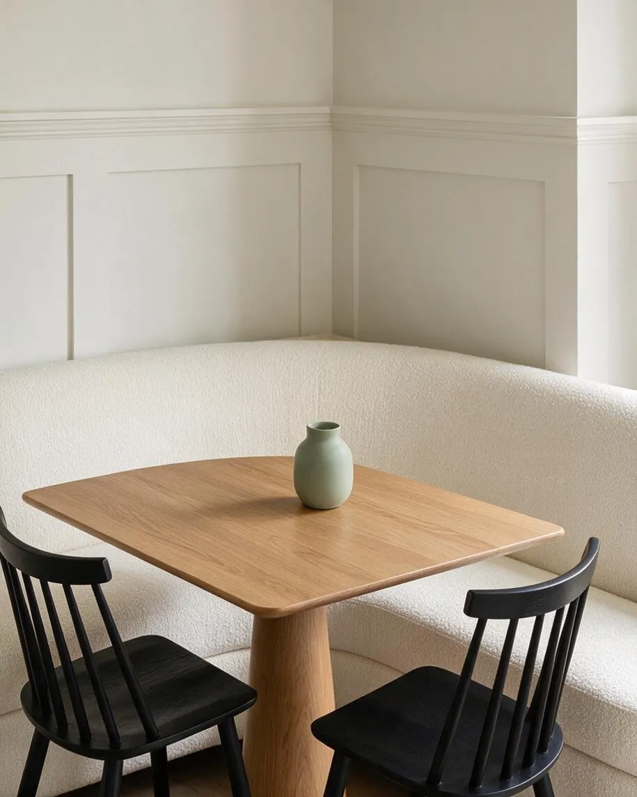 A soft, curved banquette upholstered in creamy textured fabric wraps around a small square oak table. Two black spindle-back chairs sit at the table, which is styled with a simple pale green vase, against a light beige paneled wall with classic trim.