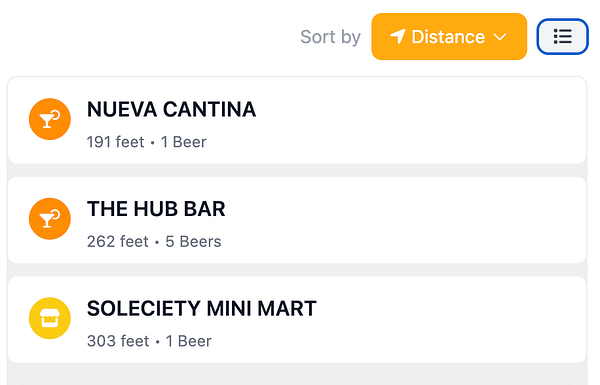 The image displays a list of nearby locations sorted by distance, featuring bars and a mini mart.