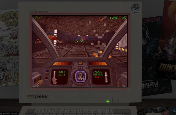 A retro computer screen displays a pixelated video game interface featuring a space shooter game.